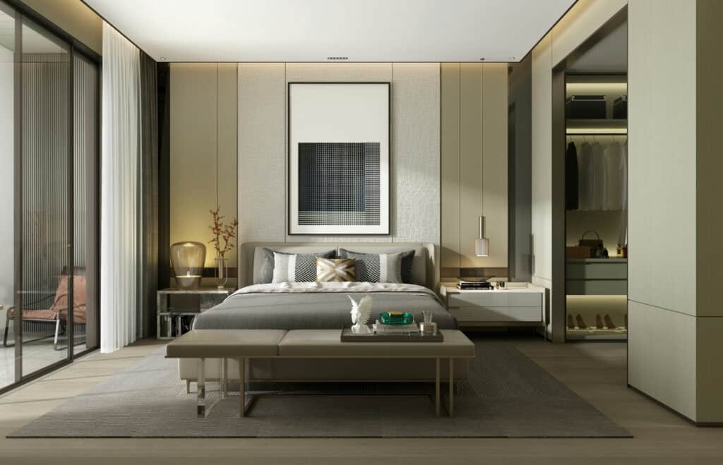 Modern bedroom with sleek design and neutral tones.