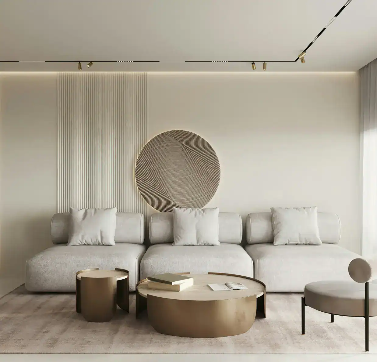 Elegant minimalist living room with neutral tones and contemporary furniture.
