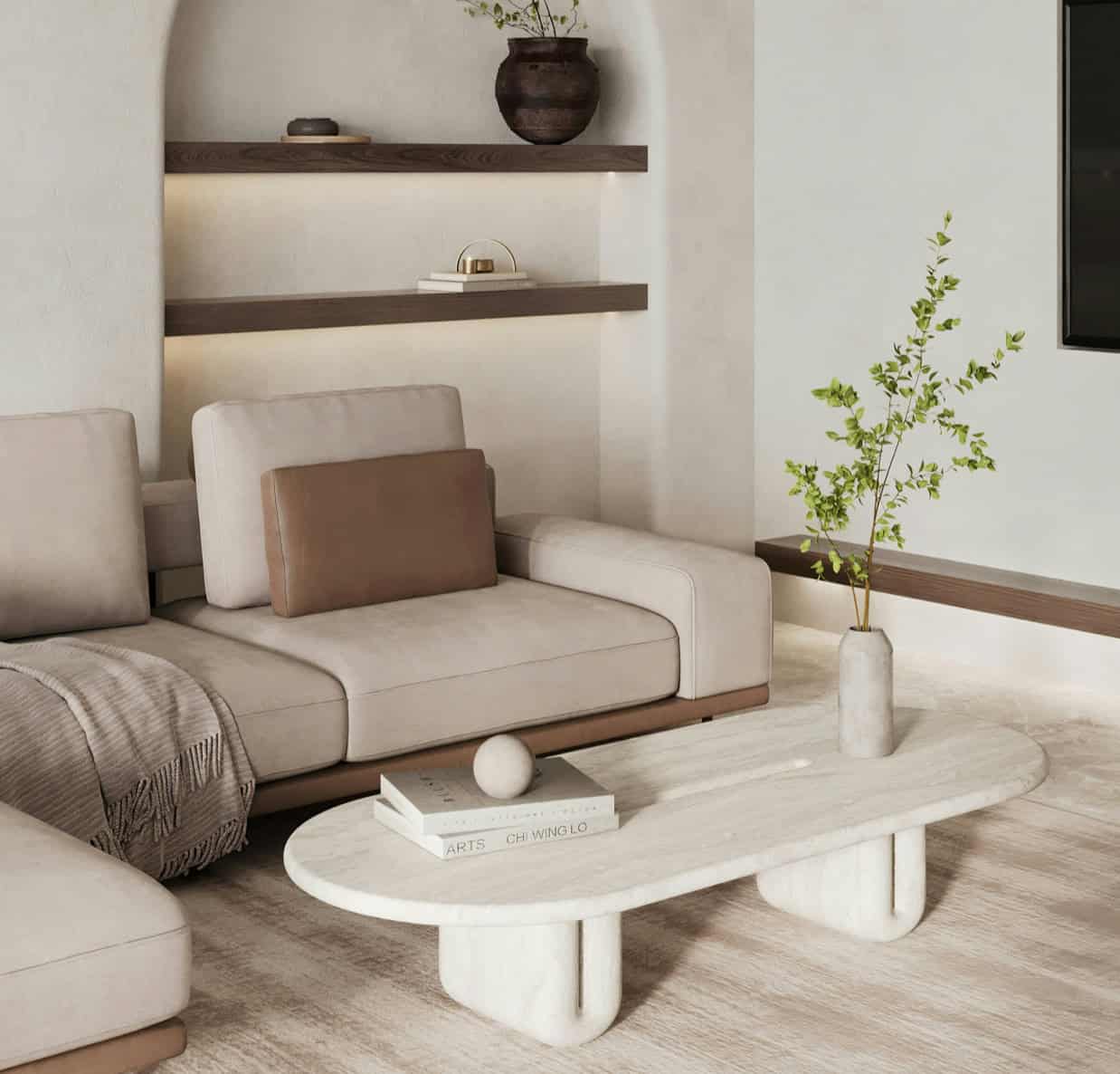 Elegant living room with beige sofa, wooden shelves, and decorative accents.