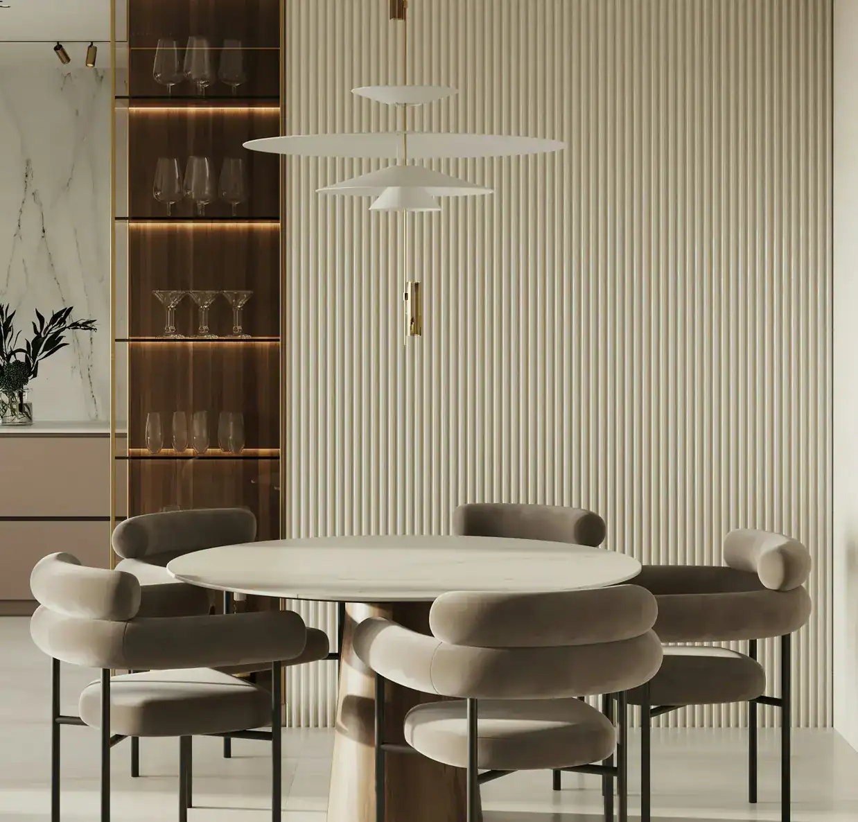 OVVO Home modern dining table and chairs in elegant interior setting.