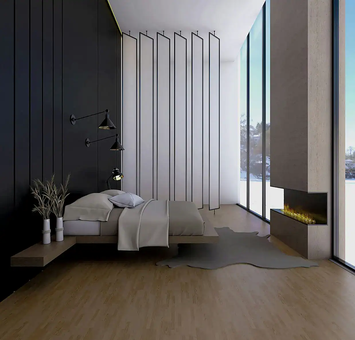 Contemporary bedroom featuring floor-to-ceiling windows, modern decor, and stylish lighting.