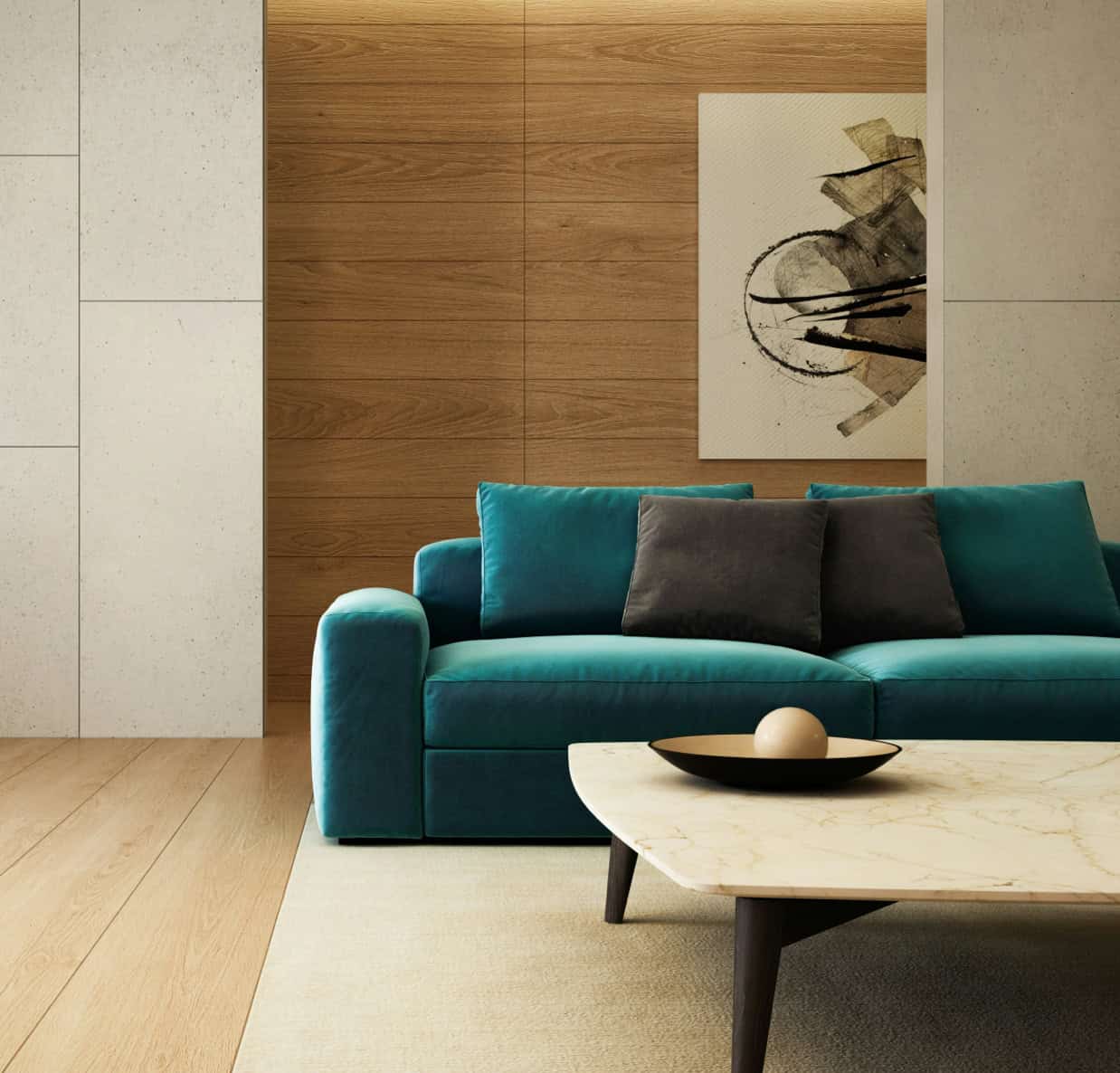 Teal sofa with black cushions in a contemporary living room with wooden and concrete walls.