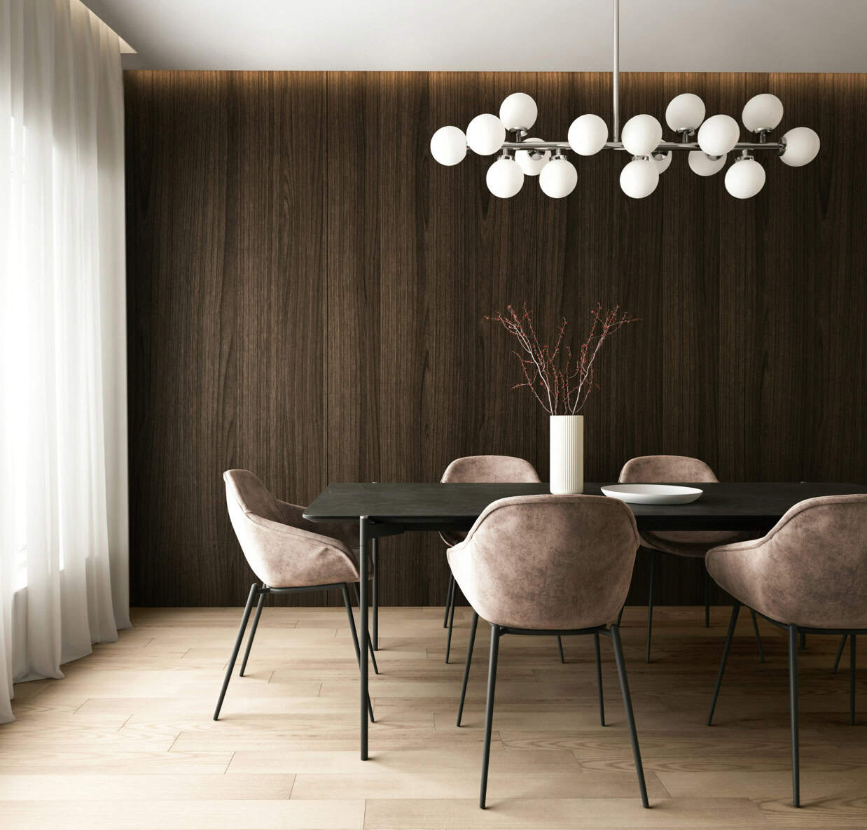 Elegant dining room with dark wood wall, modern chairs, and stylish lighting fixture.
