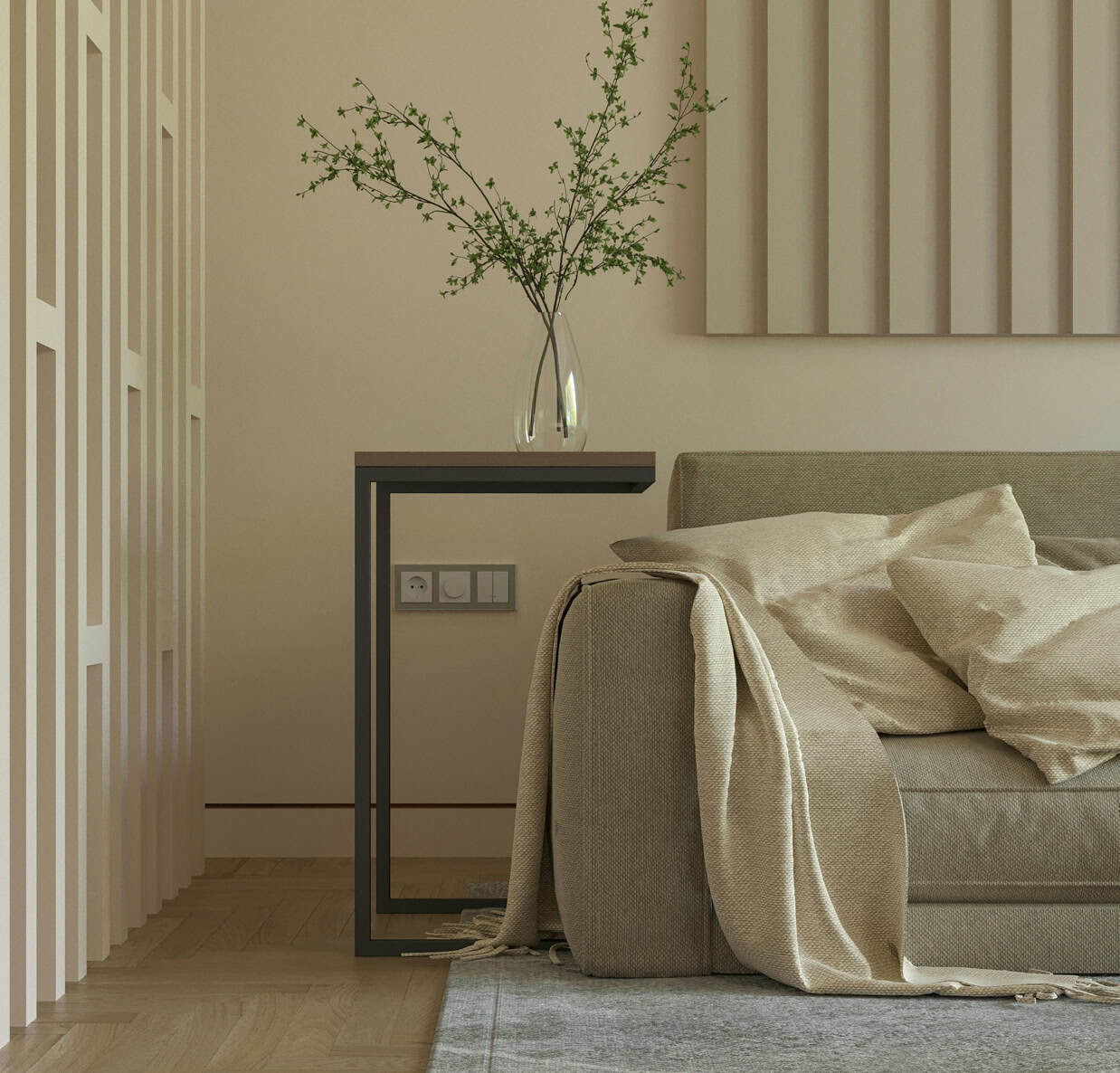 Modern living room with neutral tones and minimalist decor, featuring a cozy sofa, a side table with.