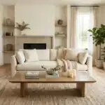 Elegant living room with a stylish Tabarca coffee table, neutral tones, and natural light for a cozy.