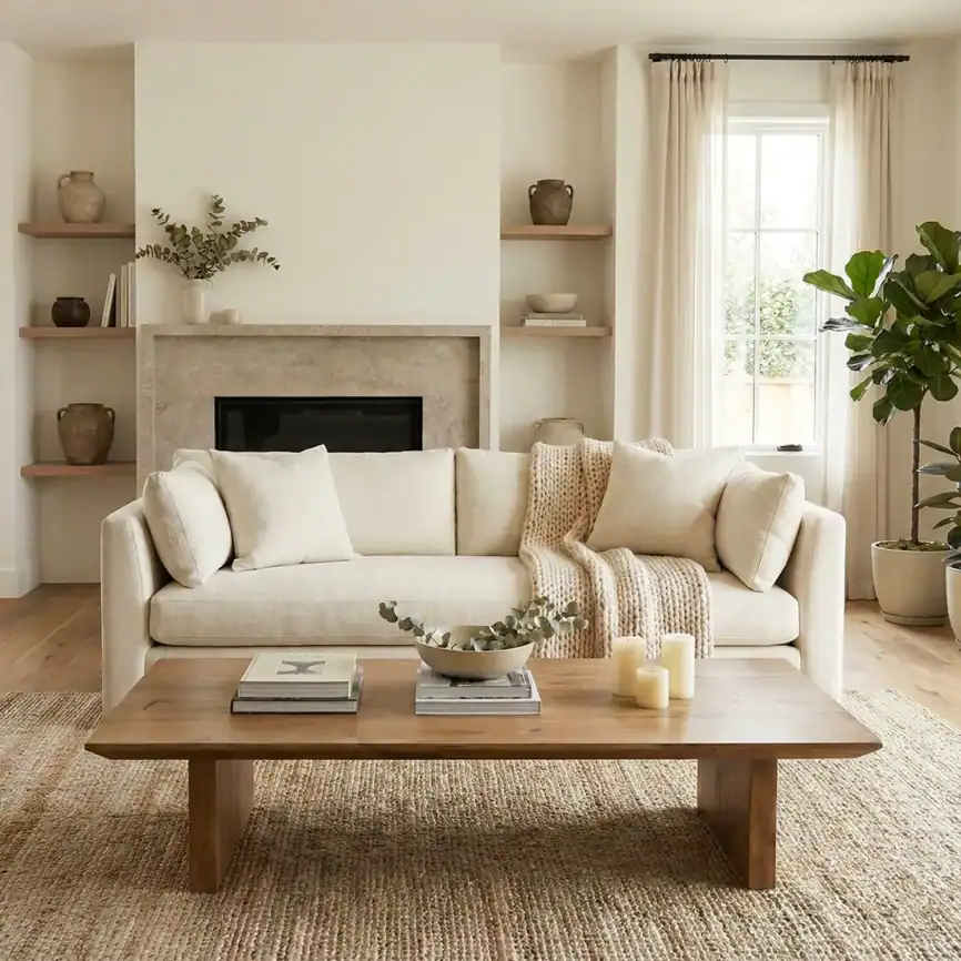 Elegant living room with a stylish Tabarca coffee table, neutral tones, and natural light for a cozy.