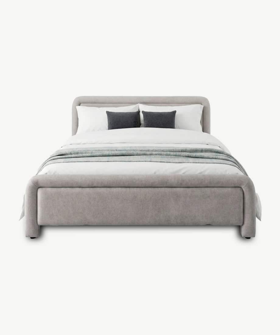 Altea Bed in light grey with plush headboard and contemporary style.