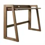 Stylish wooden desk for home office or workspace, compact and functional design.