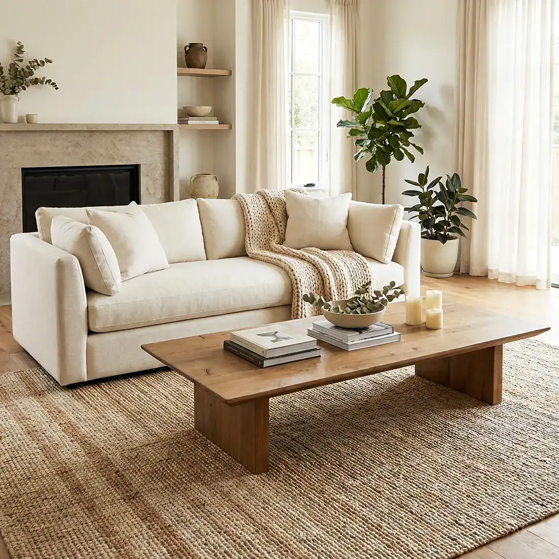 Elegant beige sofa with a natural wood coffee table in a bright, cozy living room setting.
