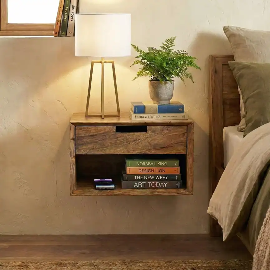 Aitana Bedside Table with Wooden Finish and Storage.