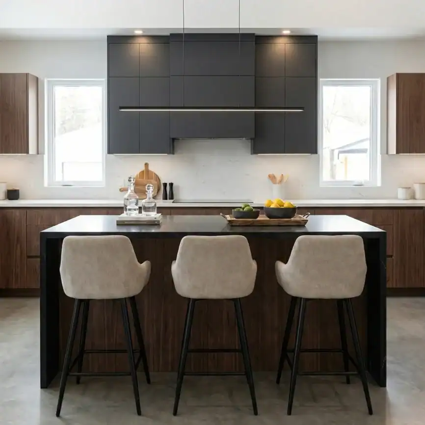 Onda Stool placed at kitchen island with contemporary design.