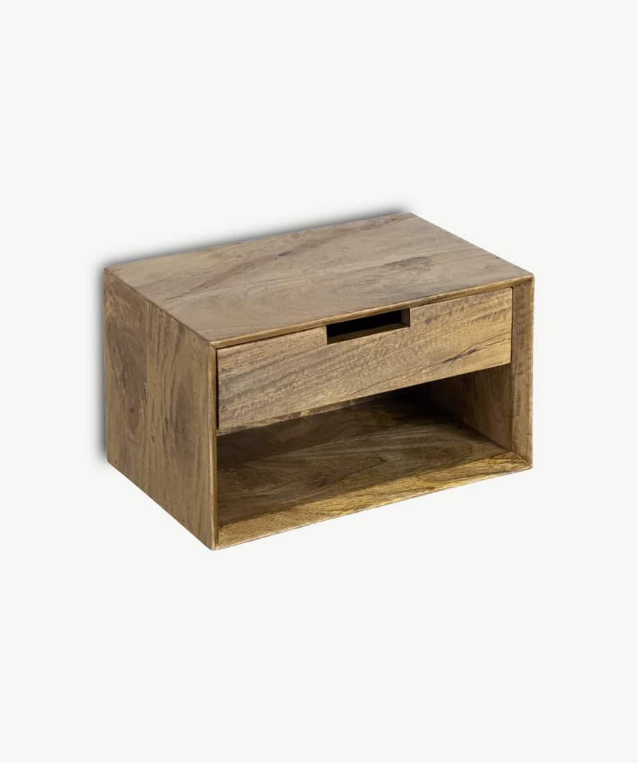 Aitana Bedside Table with Drawer and Open Shelf in Natural Wood Finish.