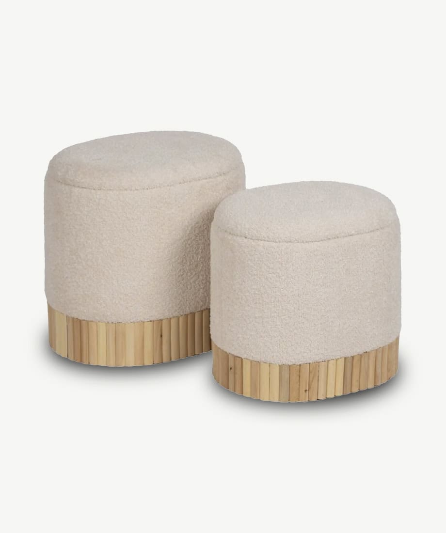 Anna Puffs - Soft beige upholstered ottomans with a natural wooden base, perfect for modern living s.