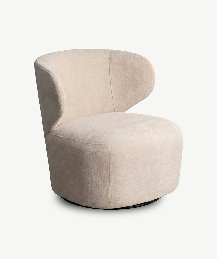 Elegant Turis armchair with plush beige upholstery and rounded design for stylish relaxation.