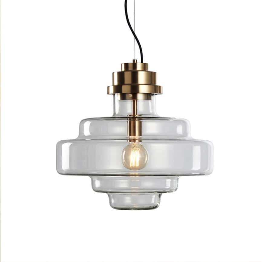 Pendant lamp with glass and brass accents for modern interiors.