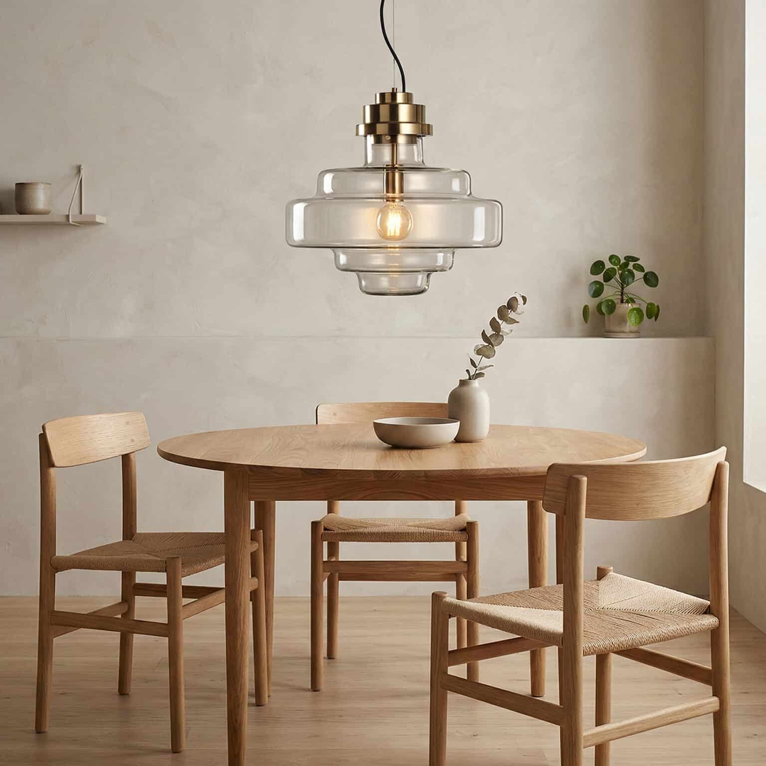 Pendant lamp with layered glass design over dining table.