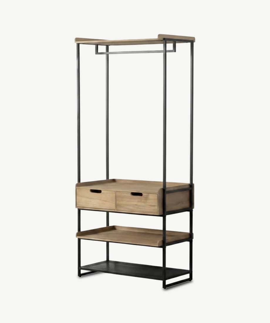 Stylish Ibi dressing room storage with drawers and open shelves.