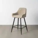 Elegant upholstered bar stool with a beige fabric seat and black metal legs. Perfect for contemporar.
