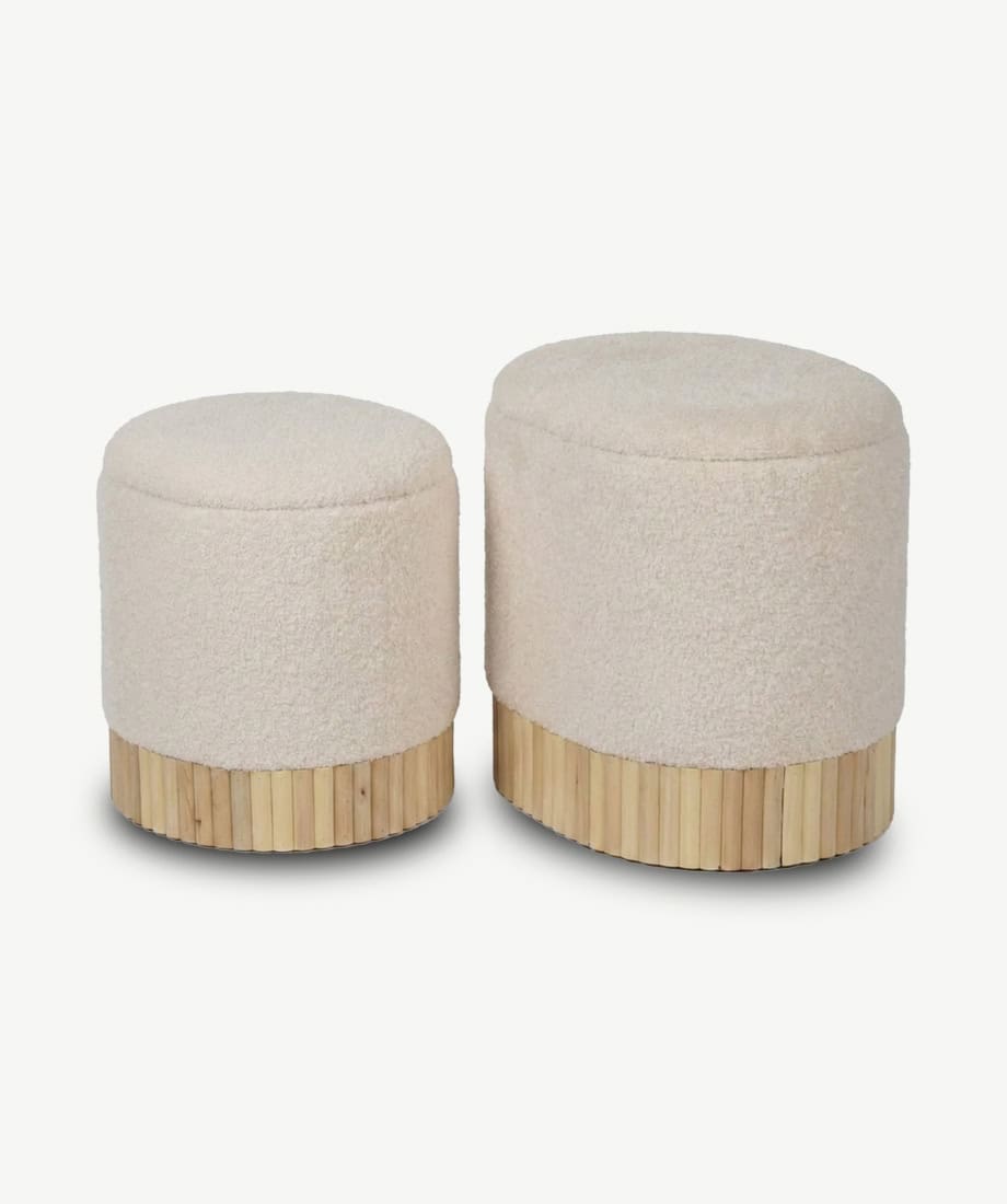 Stylish Anna Puffs with soft beige upholstery and wooden base, perfect for contemporary home decor.