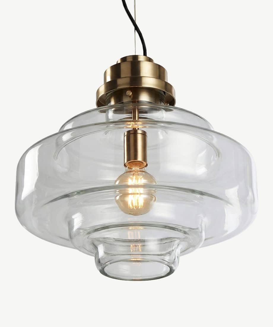Elegant glass pendant lamp with brass accents, perfect for modern interior lighting.