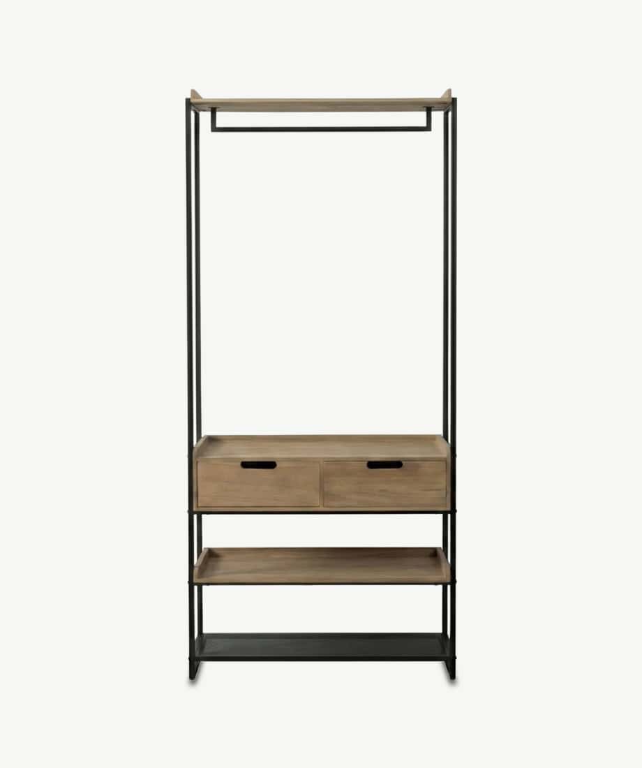 Ibi Dressing Room wardrobe with wooden drawers and metal frame for stylish storage.