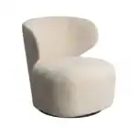 Elegant beige armchair with a modern, rounded design. Perfect for contemporary living spaces and add.