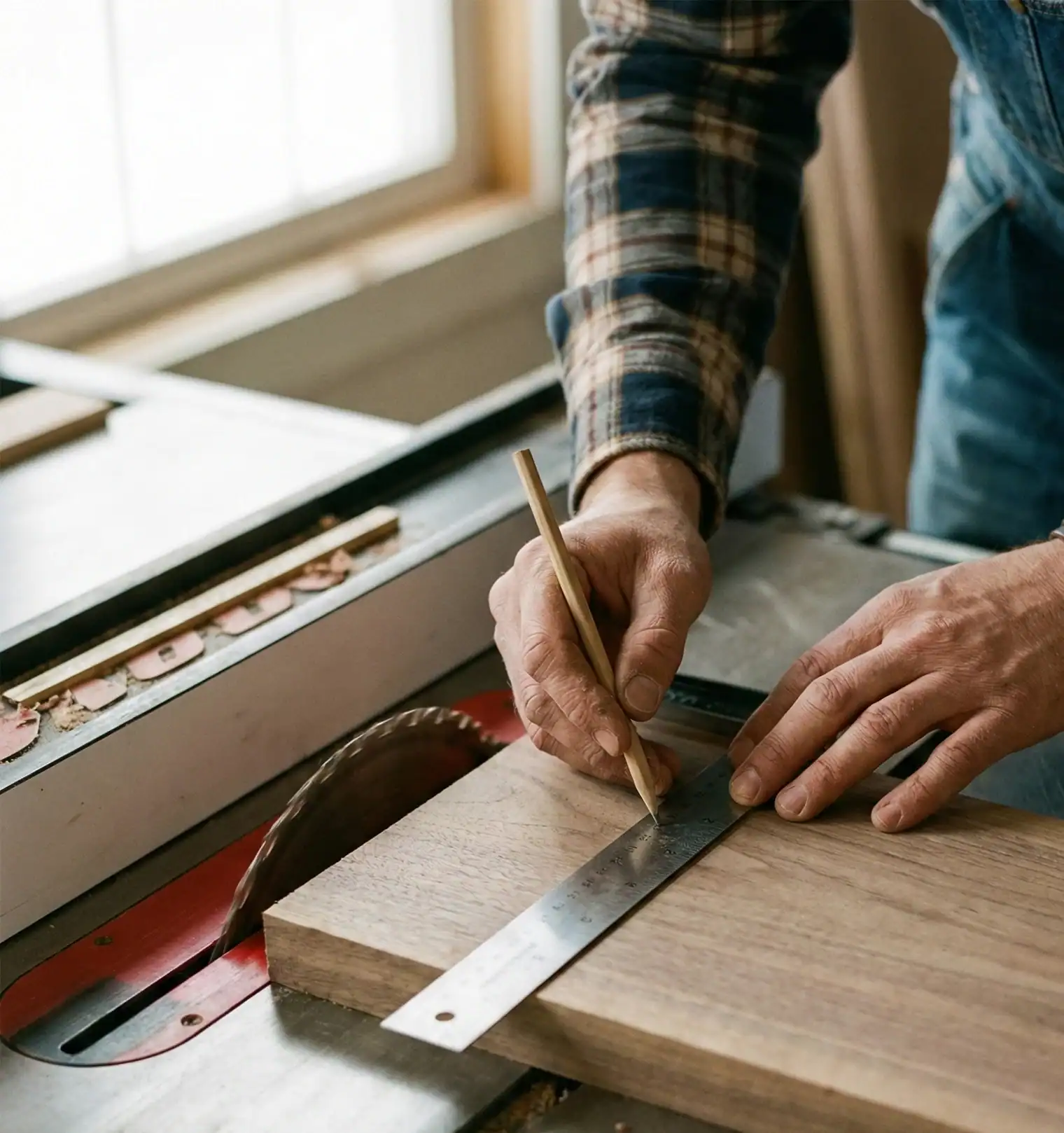 Woodworker measuring a piece of wood with a ruler in a workshop.