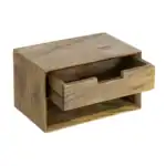 Wooden bedside table with drawer and open shelf.