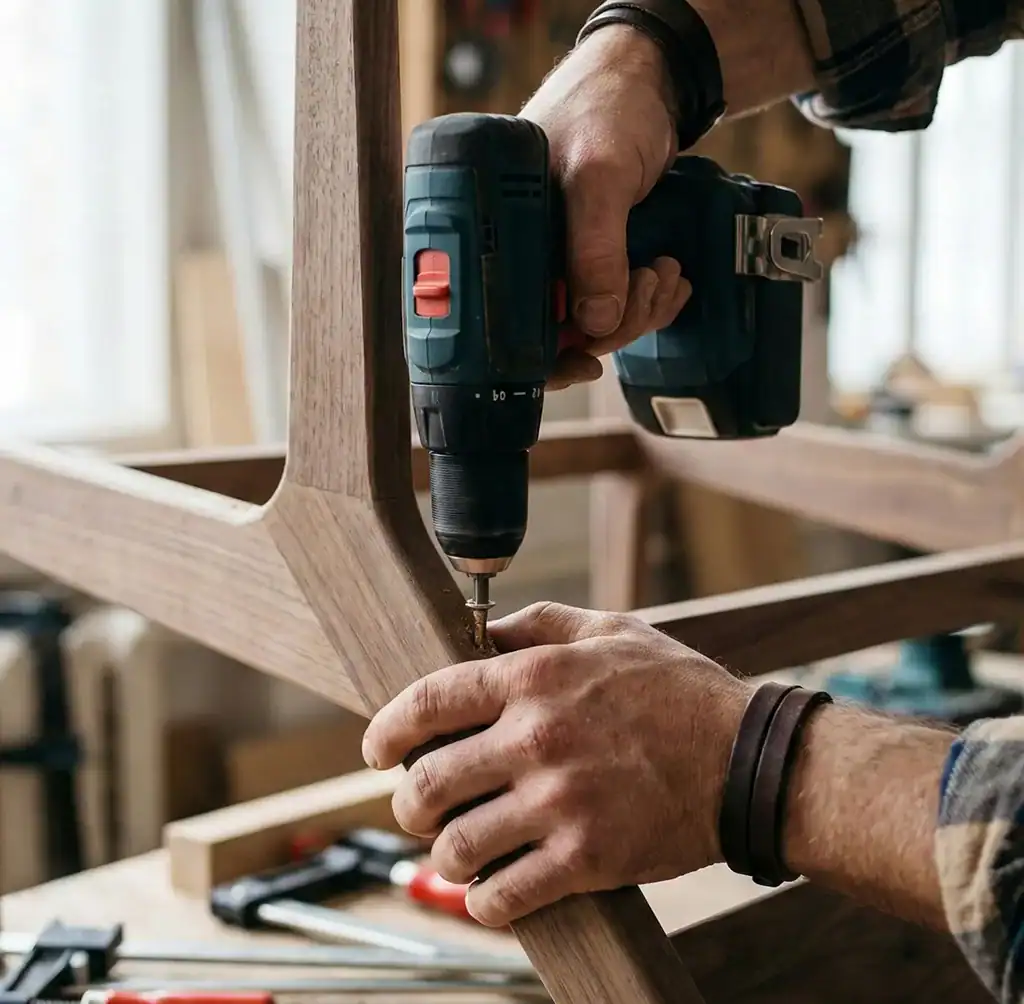 Crafting wooden furniture with power tools in a workshop.
