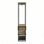 Modern wooden and metal dressing room storage with shelves and hanging space.