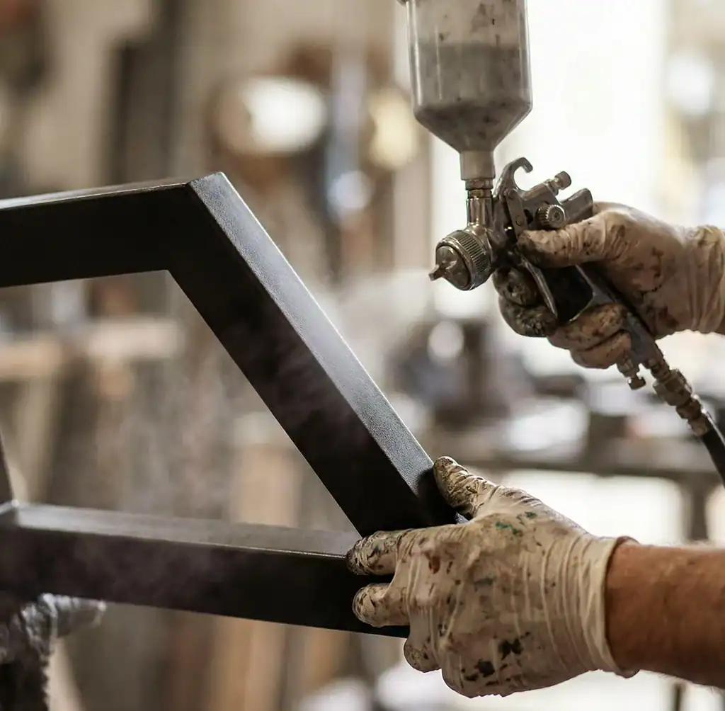 Spray painting process for metal frame finishing.