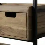 Modern wooden dressing room with black metal frame.