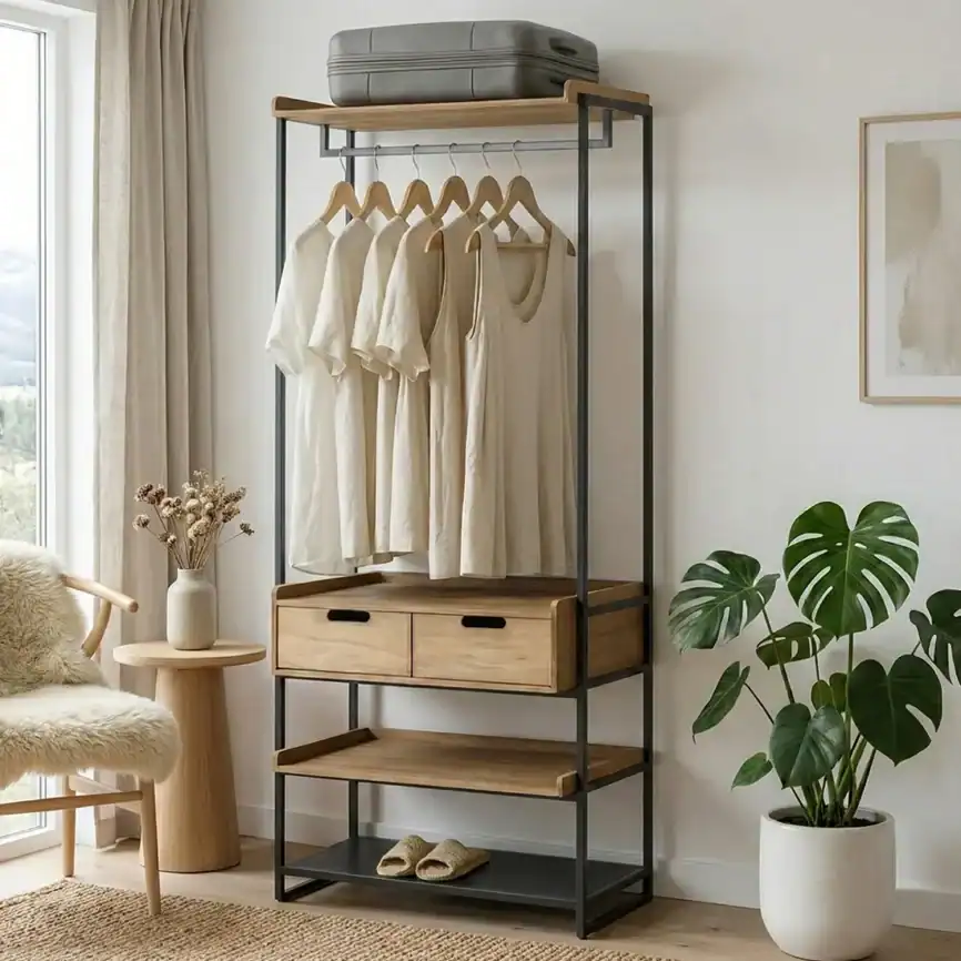 Modern Ibi dressing room with wooden shelves and hanging space.