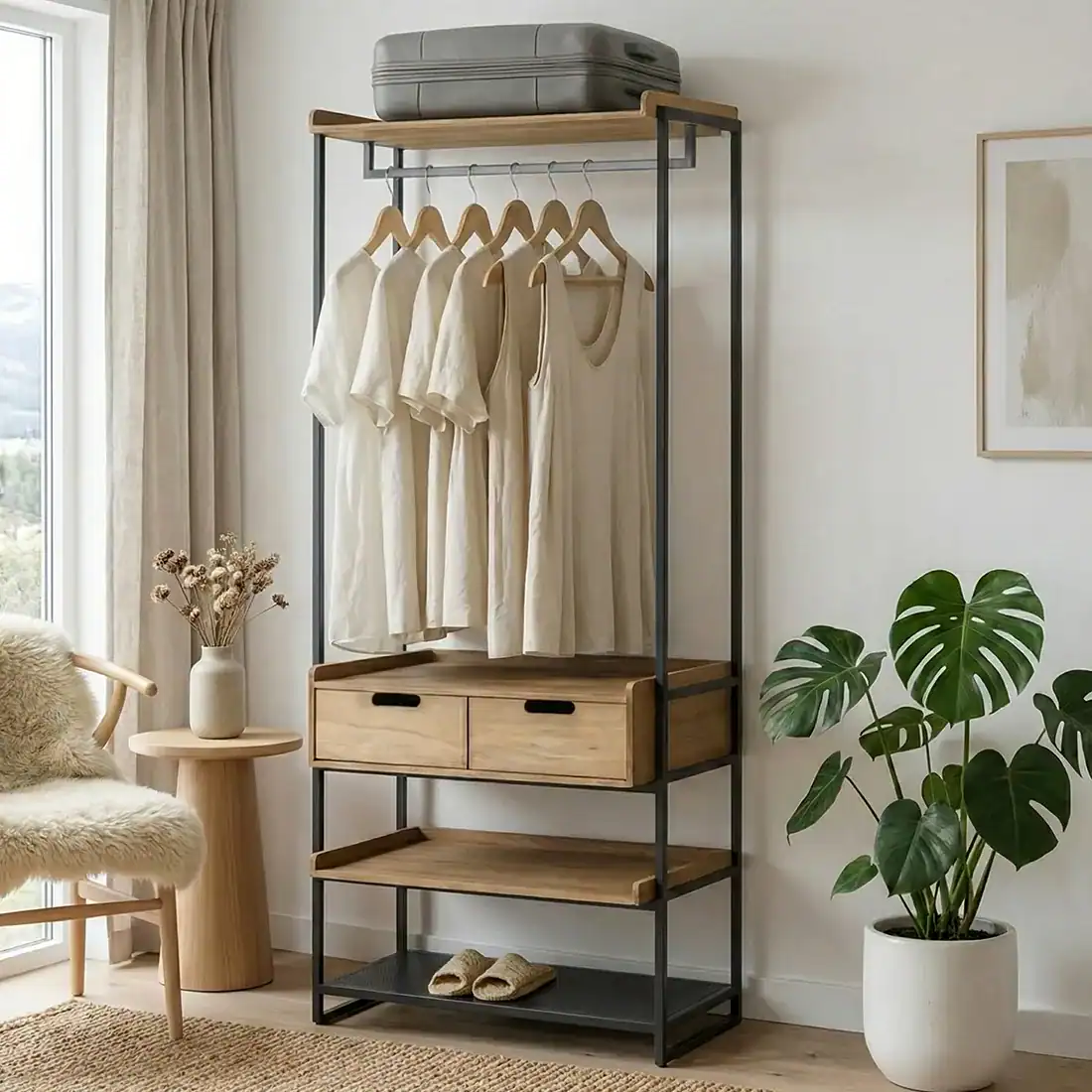 Modern Ibi dressing room with wooden shelves and hanging space.
