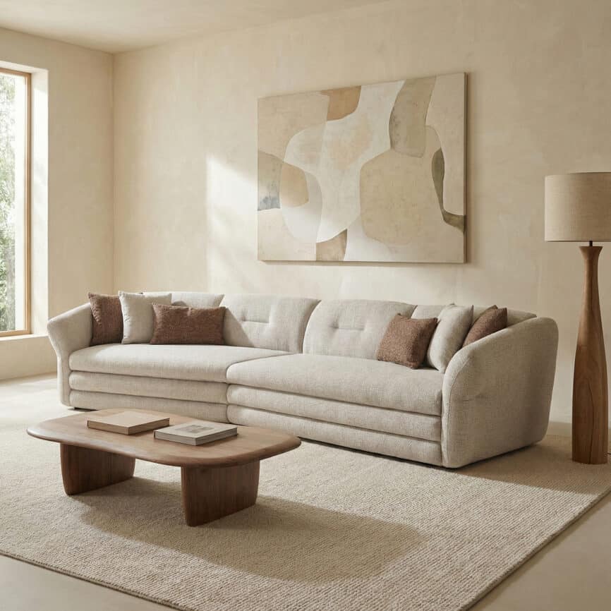 Alcora sofa in a stylish, neutral fabric complements contemporary living room interiors. Perfect for.