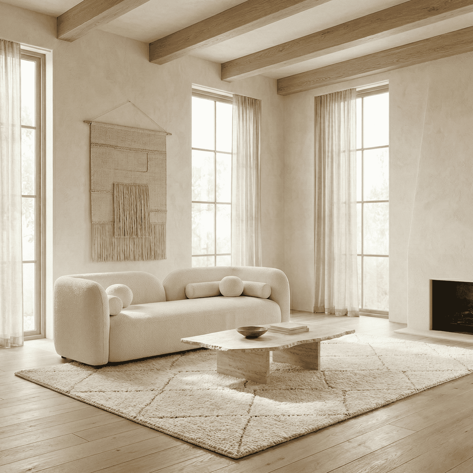 Elegant white Cabanes sofa in a bright, airy living room with large windows and neutral decor.