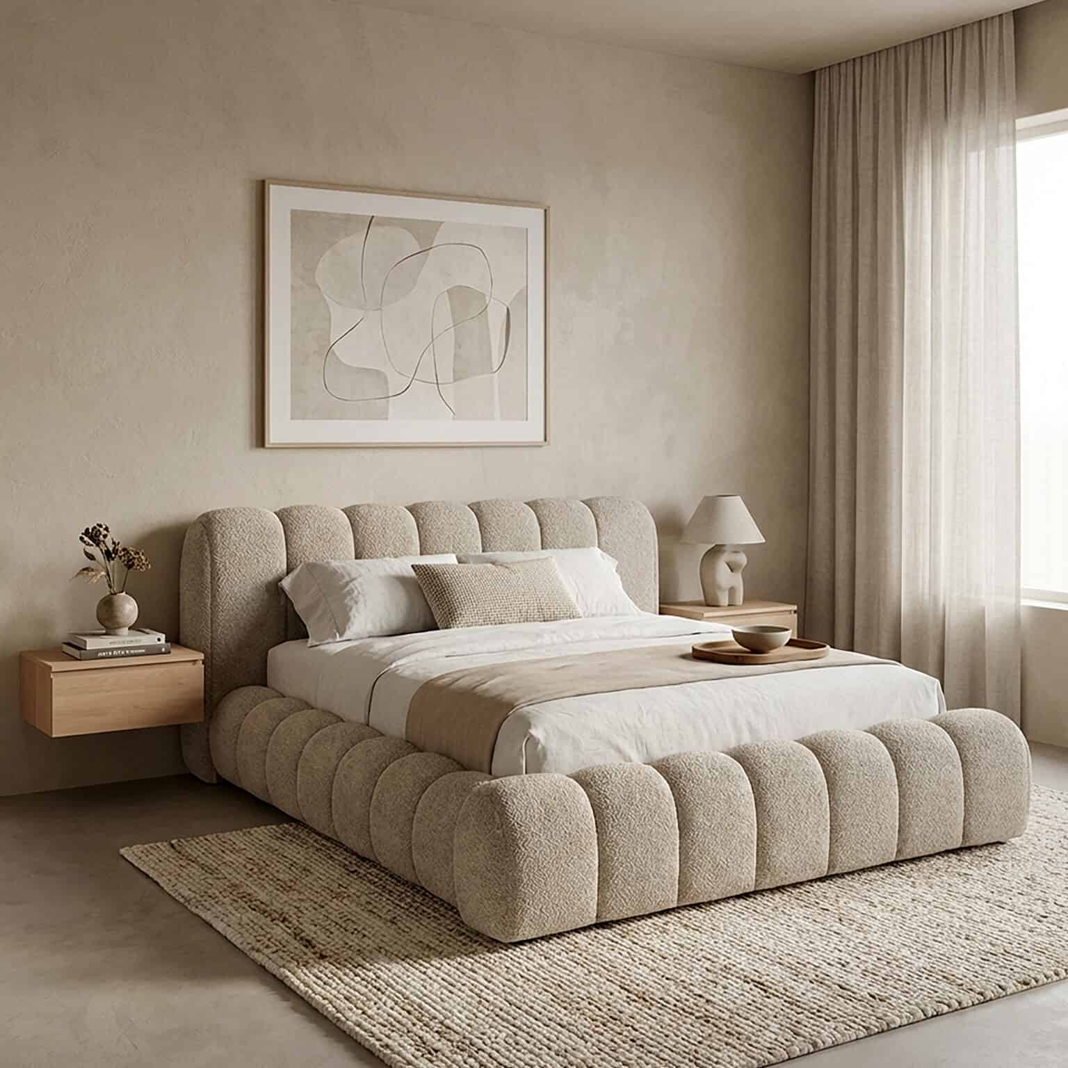 Elegant Carlet Bed with plush, rounded upholstery for a cozy bedroom look.