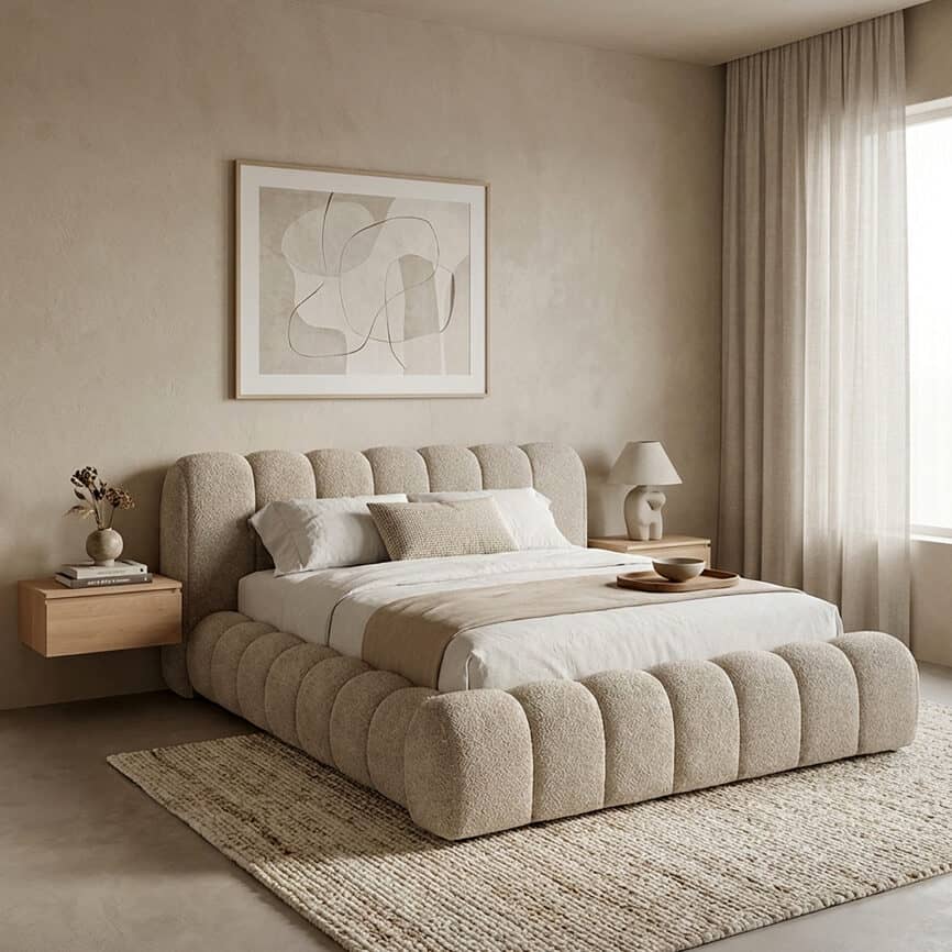 Elegant Carlet Bed with plush, rounded upholstery for a cozy bedroom look.