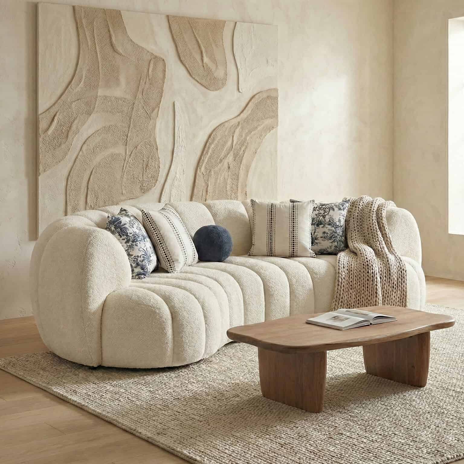 Comfortable Morella sofa with soft fabric and decorative cushions in a cozy living space.