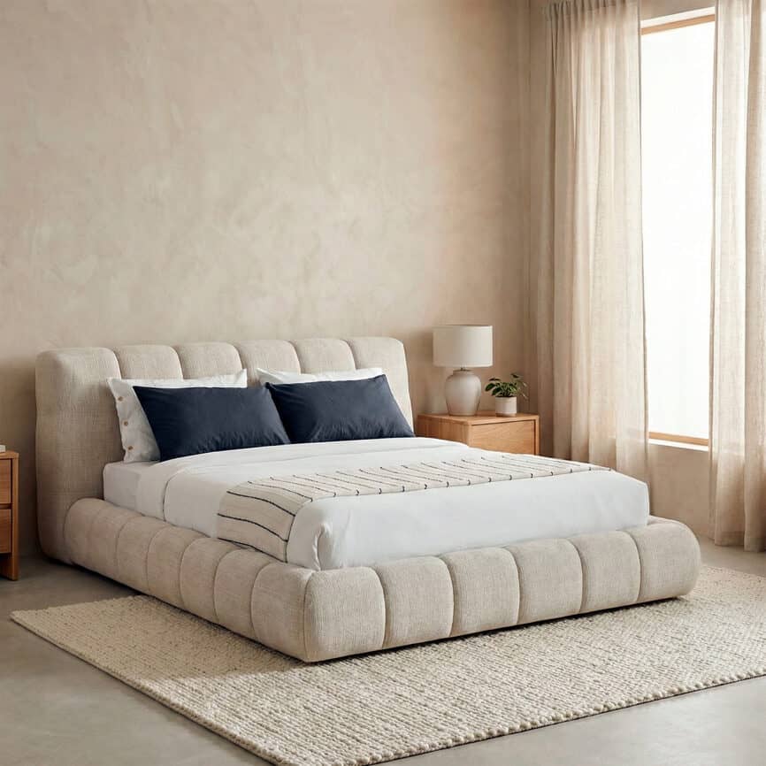 Elegant Novelda Bed with plush fabric and contemporary design for stylish bedrooms.