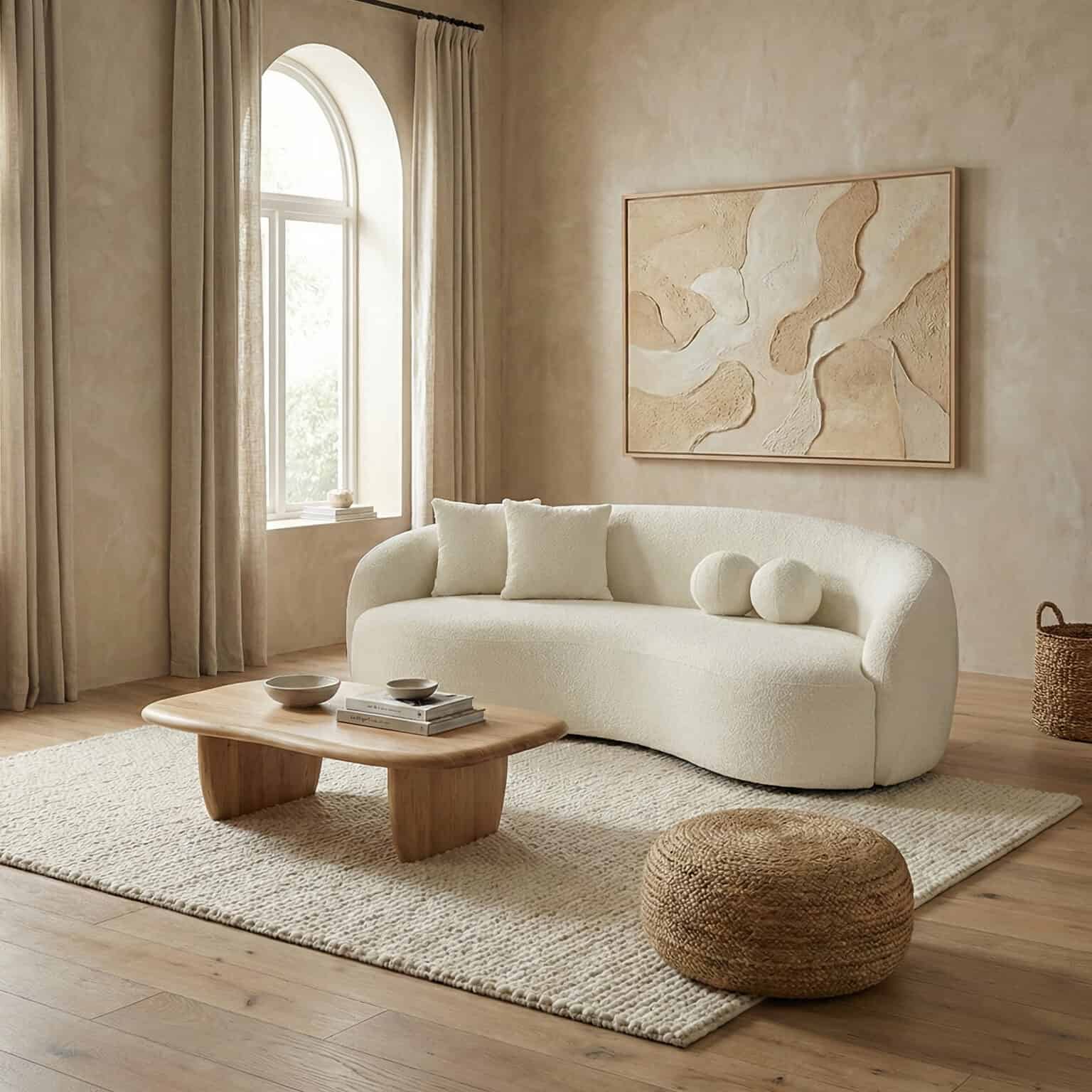 Modern Villar sofa with soft fabric in a cozy, minimalist living room setting.