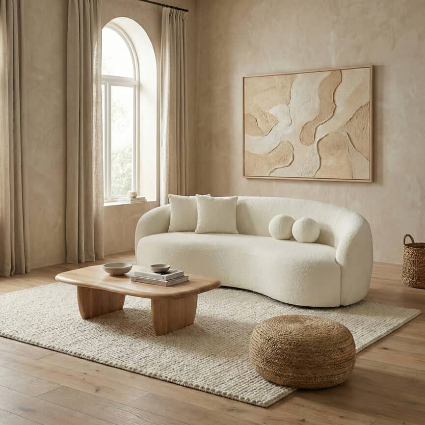 Modern Villar sofa with soft fabric in a cozy, minimalist living room setting.