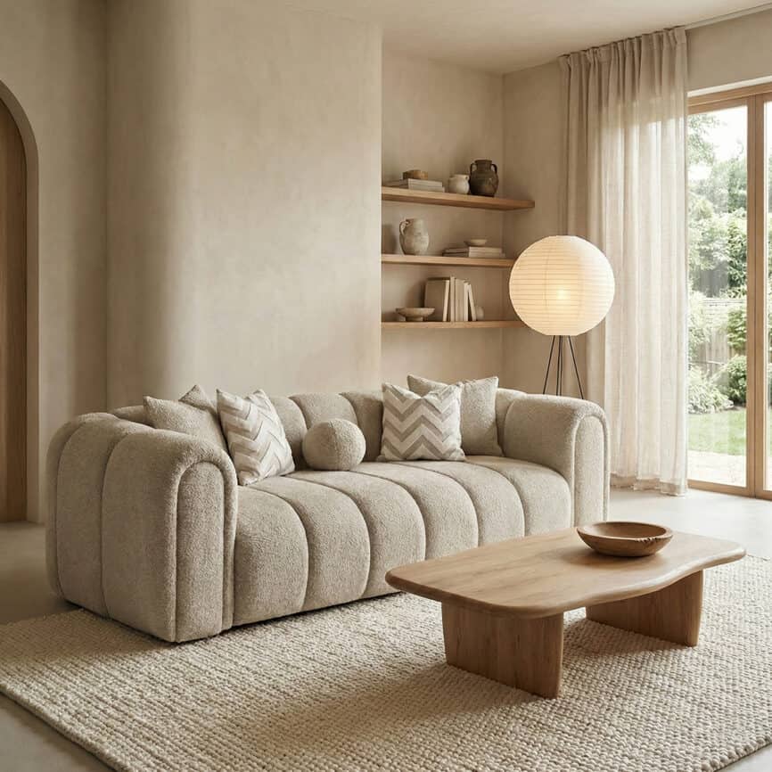 OVVO Home Xera sofa with plush, rounded design in a cozy, minimalist living space. Perfect for moder.