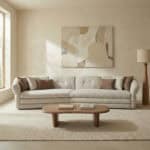 Elegant beige sofa with throw pillows in a contemporary living room setting.