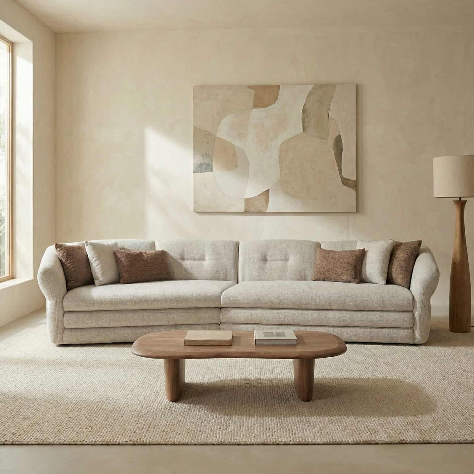 Elegant beige sofa with throw pillows in a contemporary living room setting.
