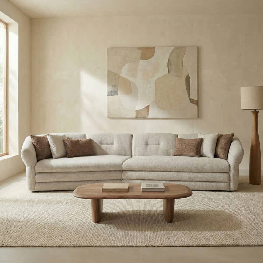 Elegant beige sofa with throw pillows in a contemporary living room setting.
