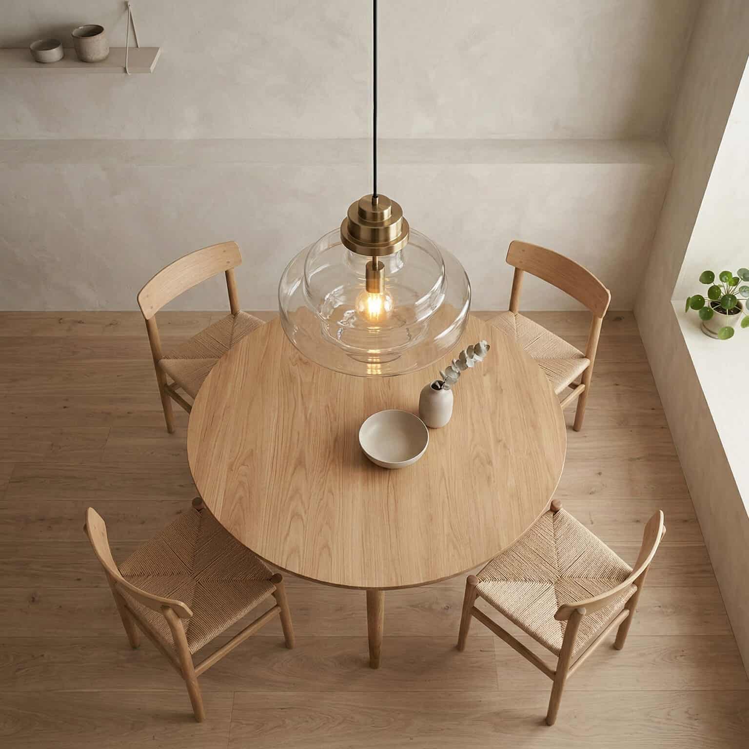 Modern wooden dining table with pendant light, minimalist kitchen decor.