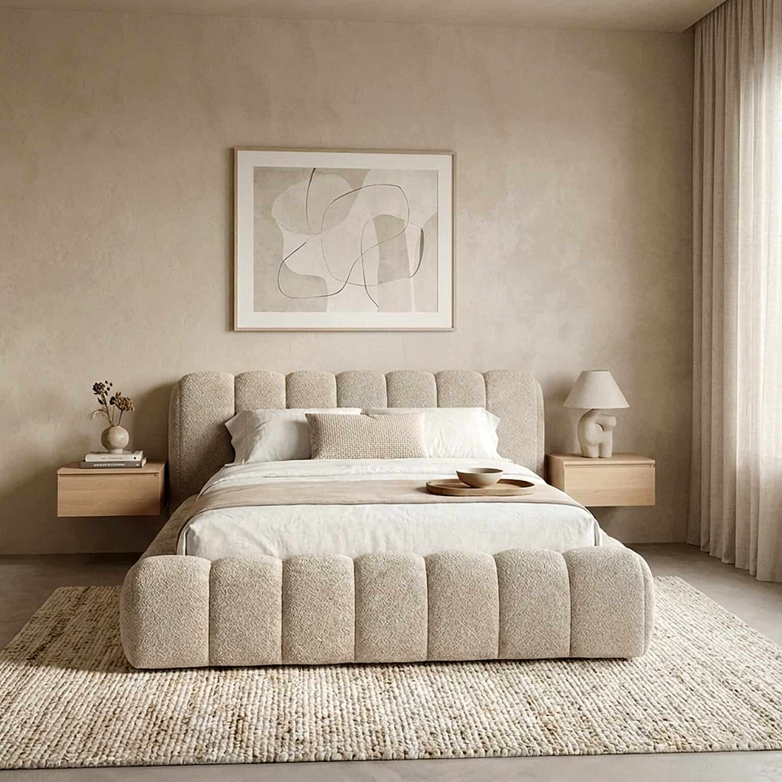 Elegant bedroom featuring a soft upholstered bed, abstract art, and cozy ambiance.