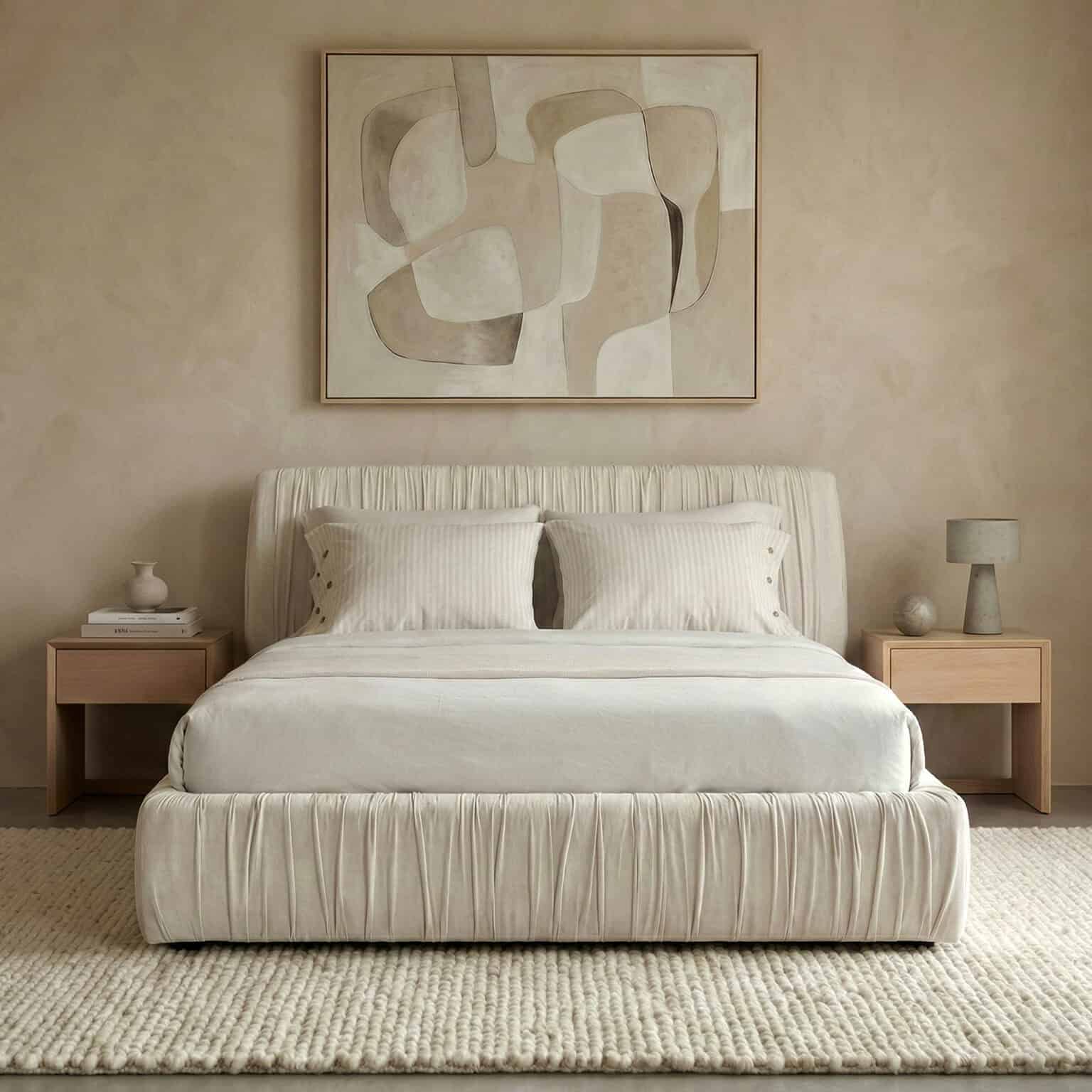 Modern bedroom featuring a neutral-toned bed, abstract wall art, and minimalist decor.