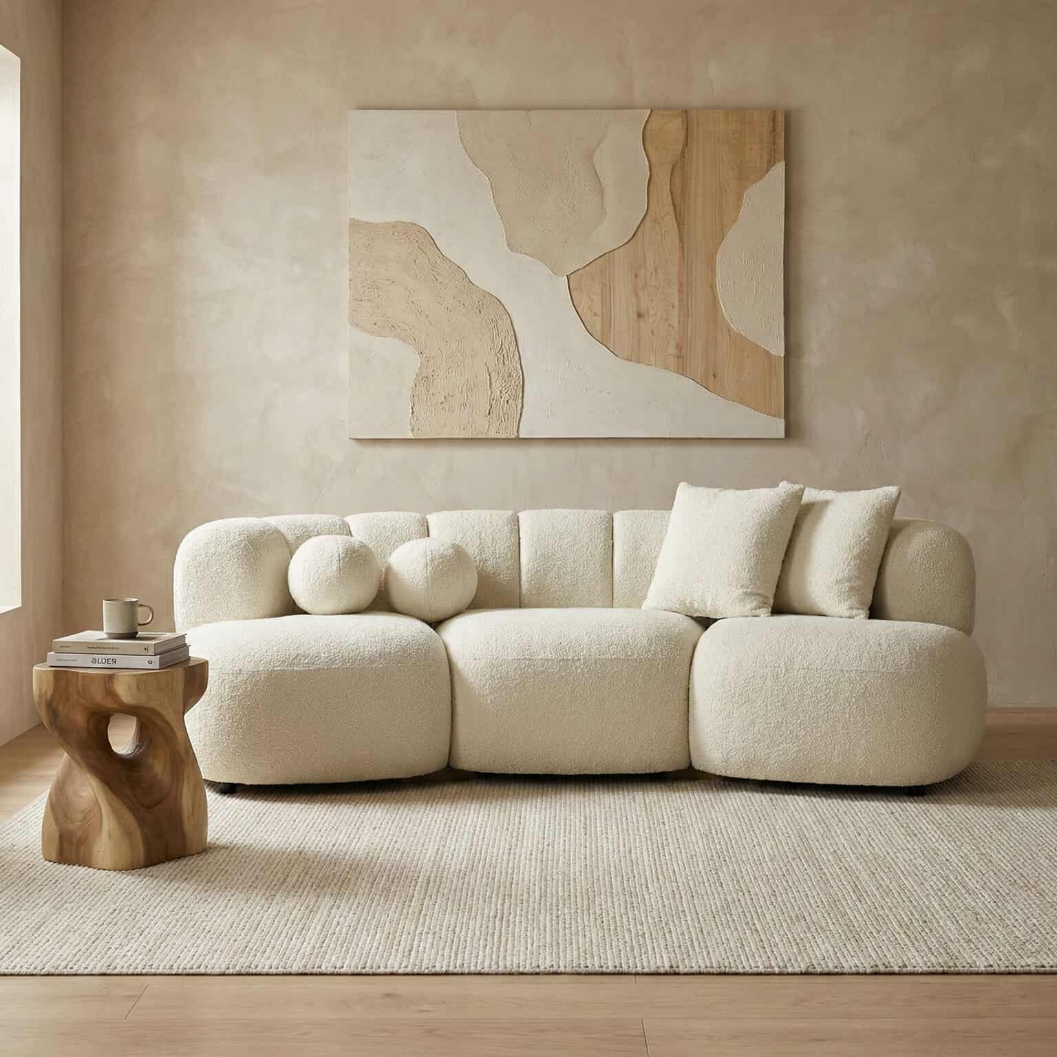Elegant beige sofa with plush cushions in a contemporary living room setting.